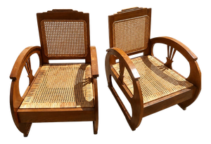 Vintage Art Deco Armchair in Teakwith Hand-Woven French Rattan, 1920s, Set of 2