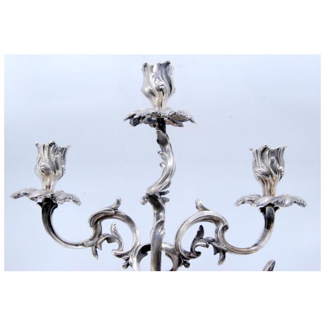 Silver 3-Branched Candelabras with Candle Tulips and Cut-Out Bases, Set of 2, in Very Good conditions. Designed 1890 to...