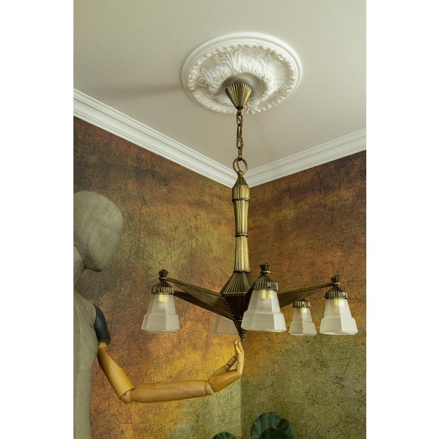 Metal Art Deco French Bronze and Frosted White Glass Six-Light Chandelier, 1920 For Sale - Image 7 of 18
