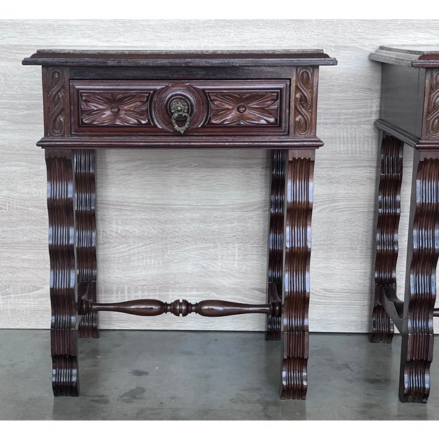 1900 - 1909 20th Pair of Large Spanish Nightstands or Low Console Tables With Drawer For Sale - Image 5 of 11