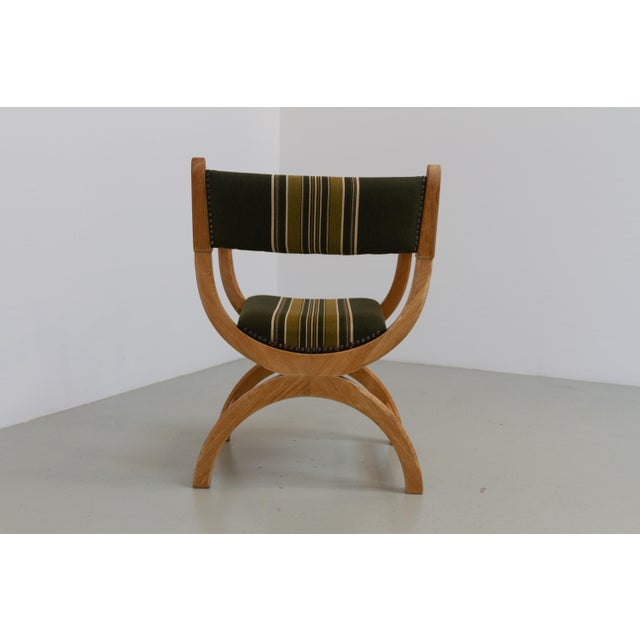 Forest Green Danish Kurul Armchair in Oak and Striped Green Wool by Henning Kjærnulf, 1960s For Sale - Image 8 of 18