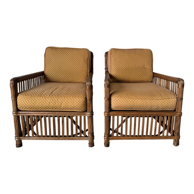 Vintage Palecek President’s State Stick Rattan Lounge Chairs – Pair For Sale