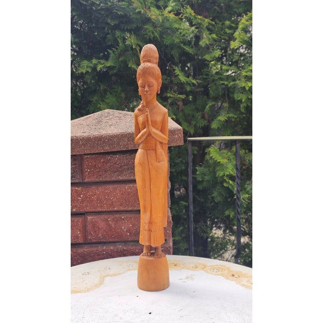 Vintage Wooden Carved Thai Woman Wai, 1970s For Sale - Image 13 of 13