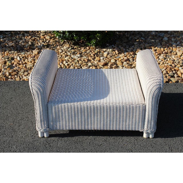 Wood Lloyd Loom White Wicker Ottomans With Green Plaid Cushions—A Pair For Sale - Image 7 of 18