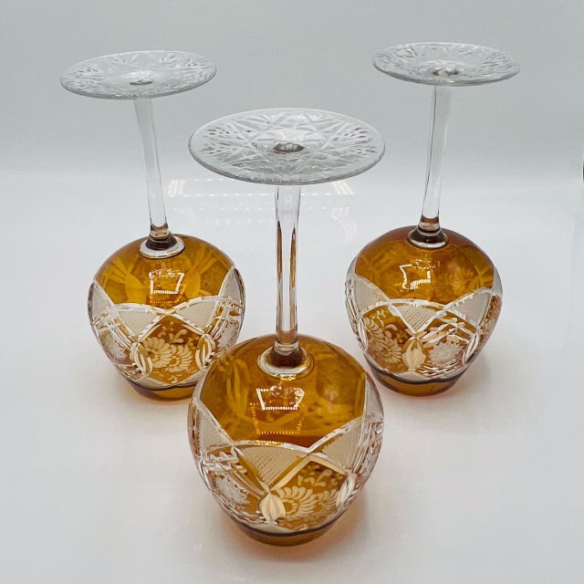 Vintage Bohemian Amber Cut-to-Clear Wine Glasses, 1950s, Set of 3 For Sale - Image 9 of 11
