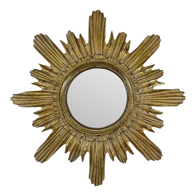 Vintage 16" Gilded Sunburst Wall Mirror With Light Cream Wash For Sale