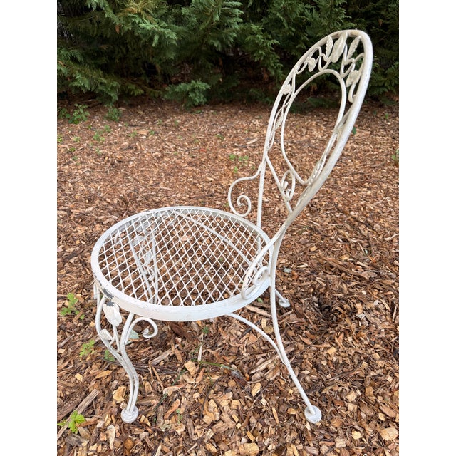 Metal Vintage Woodard Chantilly Rose Wrought Iron Side Chairs — Set of 3 | Original White / Grey Paint | Stamped Maker’s Mark For Sale - Image 7 of 12
