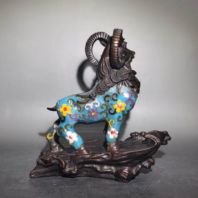 Cloisonné Enamel Ram Statue With Coin Collar For Sale - Image 4 of 9