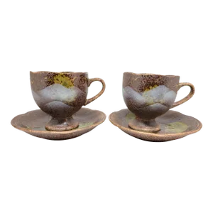 1980s Kutani Earthenware Seagulls Birds Teacups & Saucers Set- 4 Pieces