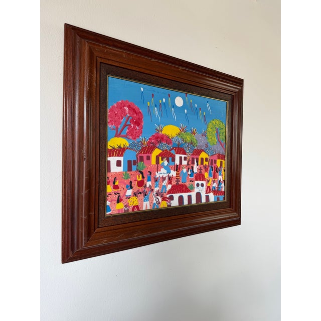 Colorful vintage folk art painting titled “Templo San Pedro,” rendered in oil on canvas and signed by the artist A. R....