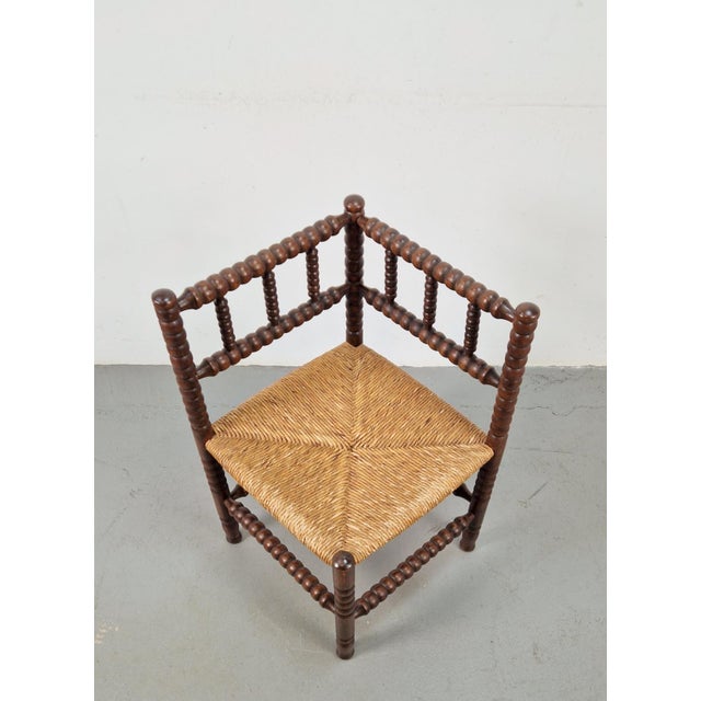 Arts and Craft Style Bobbin Corner Chair in Oak with Rush Seat, 1950s For Sale - Image 4 of 8