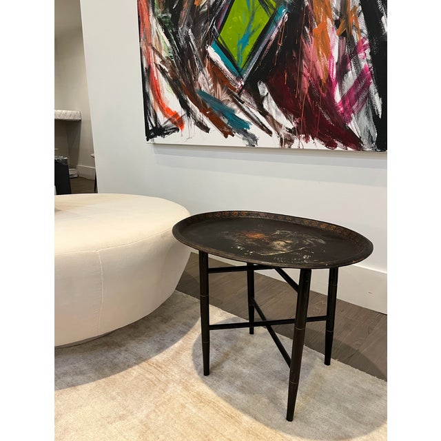 French 19th Century Hand Painted Oval Tole Tray With Floral Motifs For Sale - Image 3 of 5