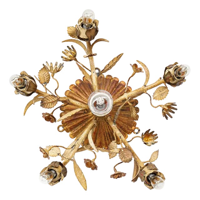 French Tole Rose Flush Mount Ceiling Light For Sale
