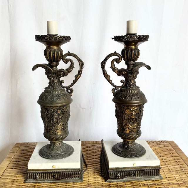 Metal Antique French Bronze Ewer Converted Oil Lamps With Crystal Tops - A Pair For Sale - Image 7 of 11