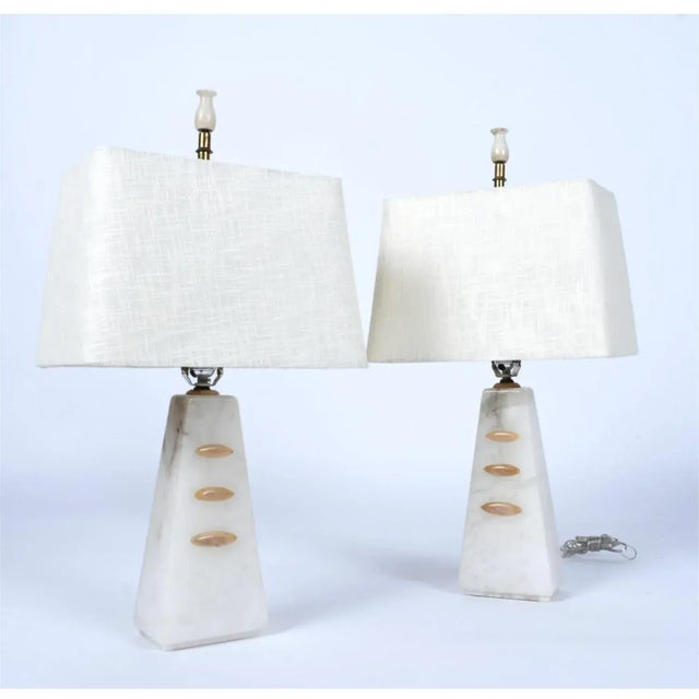 White Pair of Alabaster White and Beige Pyramid Modern Art Deco Table Lamps For Sale - Image 8 of 12