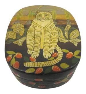 Vintage India Lacquered Paper Mache Trinket Cat Box