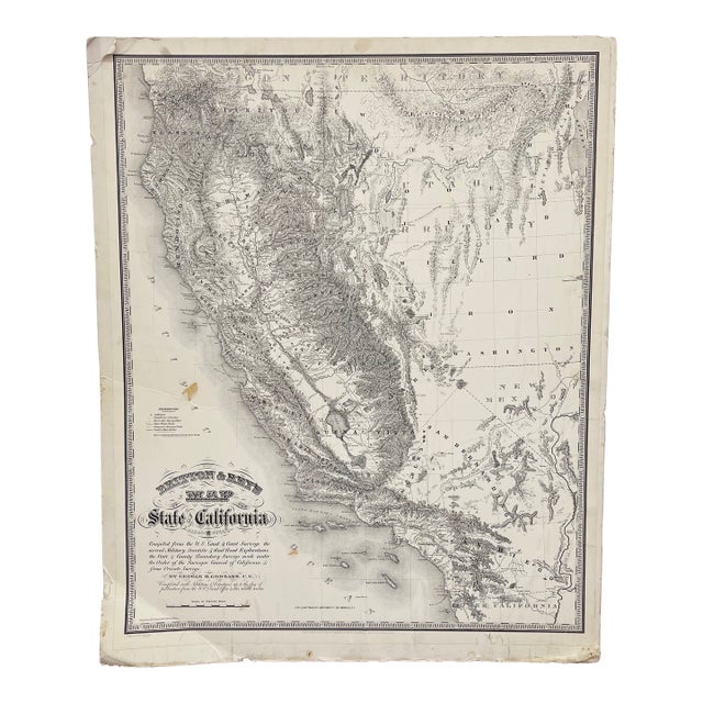 1970s Britton & Reys Map of the State of California Print, After George H. Goddard Survey, Detailed Topographical Map Reprint For Sale