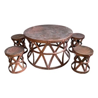 Vintage Industrial Farmhouse Outdoor Copper Round Table & 4 Chairs For Sale