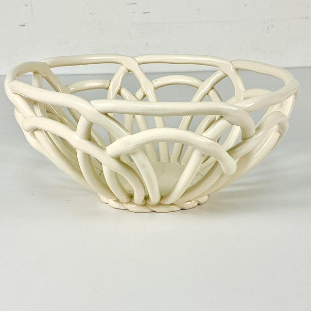 Vintage Italian Arts & Crafts Boho Chic Handcrafted Open Weave Studio Pottery Serving Bowl, Ivory For Sale - Image 10 of 11