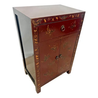1960s Mid Century Chinese Console Cabinet One Drawer Chinoiserie Hand Painted For Sale