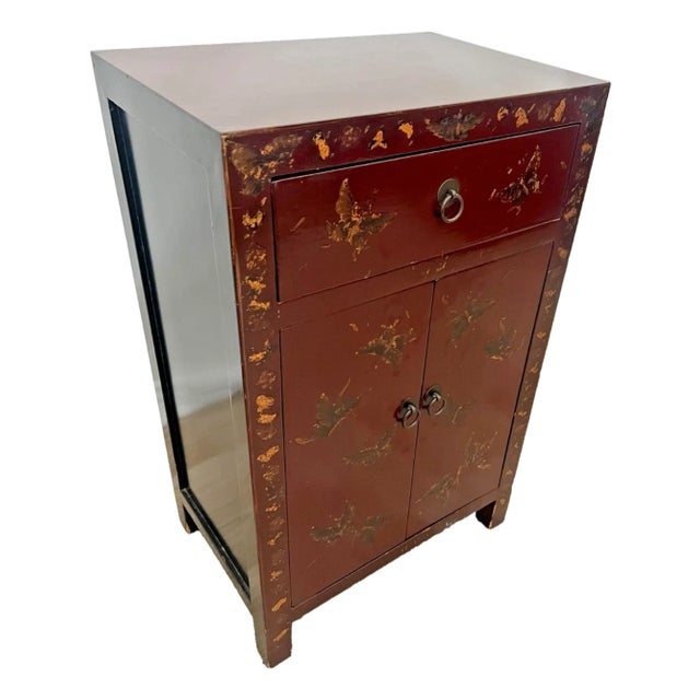 1960s Mid Century Chinese Console Cabinet One Drawer Chinoiserie Hand Painted For Sale