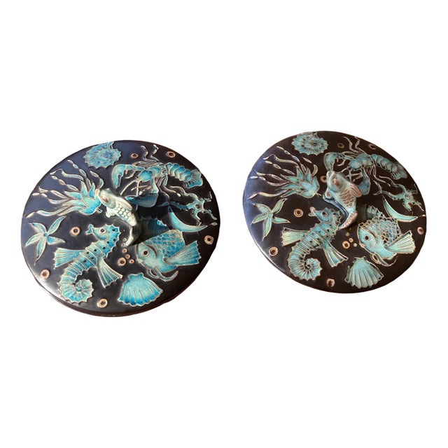 Large Art Deco Lidded Boxes with Marine Animals by Gustav Heinkel from Karlsruher Majolika, 1937, Set of 2 For Sale