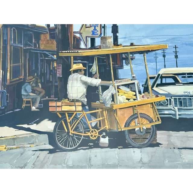 An untitled work by Scott Kunhly, this piece is signed on the lower left corner. It depicts a 1970's urban streetscape...