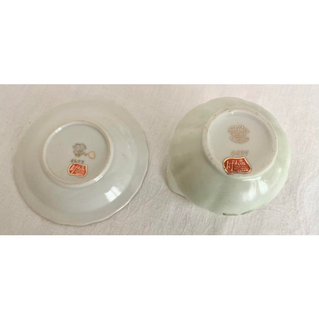 Mid 20th Century Lefton China set miniature pitcher and bowl set Heritage Green from Japan features a pale green...