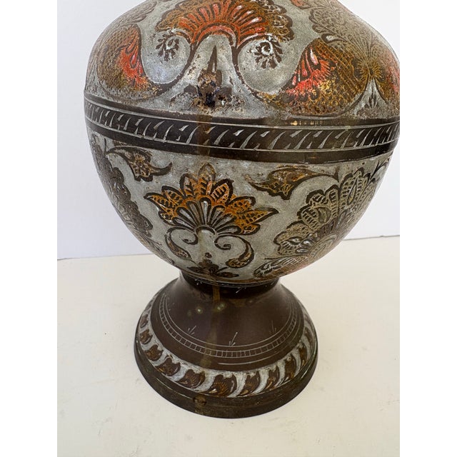 Brass Vintage Etched Enameled Brass Vase With Floral Motifs by Penco Industries, India, C. 1970s For Sale - Image 8 of 10