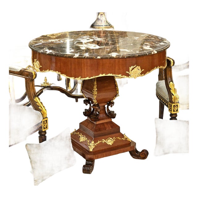 Round Marble Top Center Table With Hand-Carved Wood Pedestal & Gold Leaf Accents For Sale