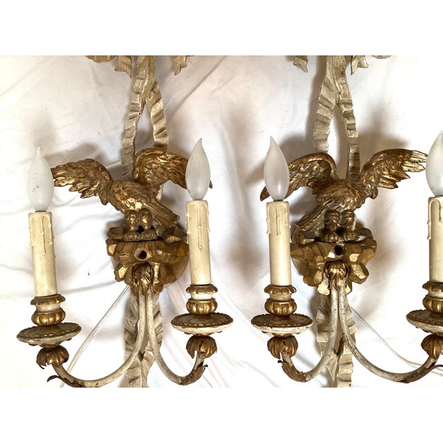 1940s Early 20th C. Hand Carved Continental Parcel Gilt Eagle Motif Wall Sconces - A Pair For Sale - Image 5 of 11