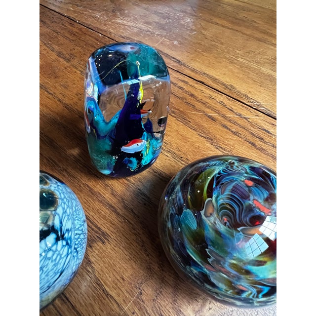 Dark Green Vintage Trio of Dark Blue and Green Glass Paperweights For Sale - Image 8 of 12