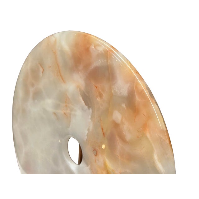 11.75" Natural White Brown Onyx Stone Round Fengshui Home Decor Display For Sale - Image 10 of 13