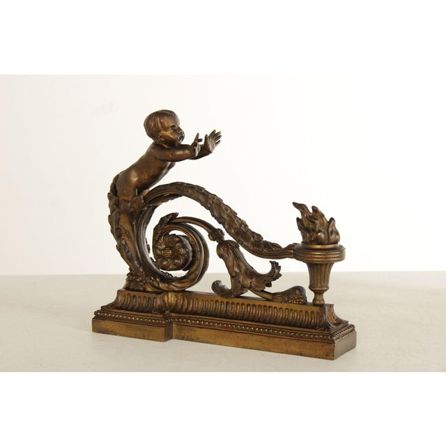 French French Louis XV Style Antique Bronze Pair of Cherub Andirons For Sale - Image 3 of 18