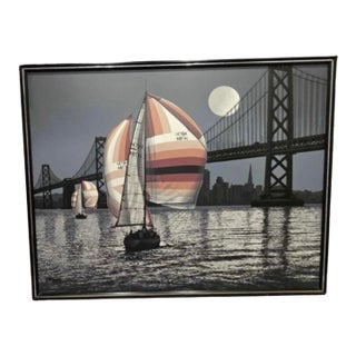 Vintage Monumental Rare Letterman Sailboat Dusk Sfo Framed Realism Nautical Painting For Sale