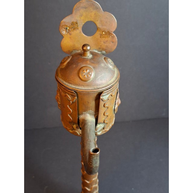 Rustic European Antique Flemish Brass Snotneus Oil Lamp Ornate Copper Lion Mask Fat Light 19thC For Sale - Image 3 of 18
