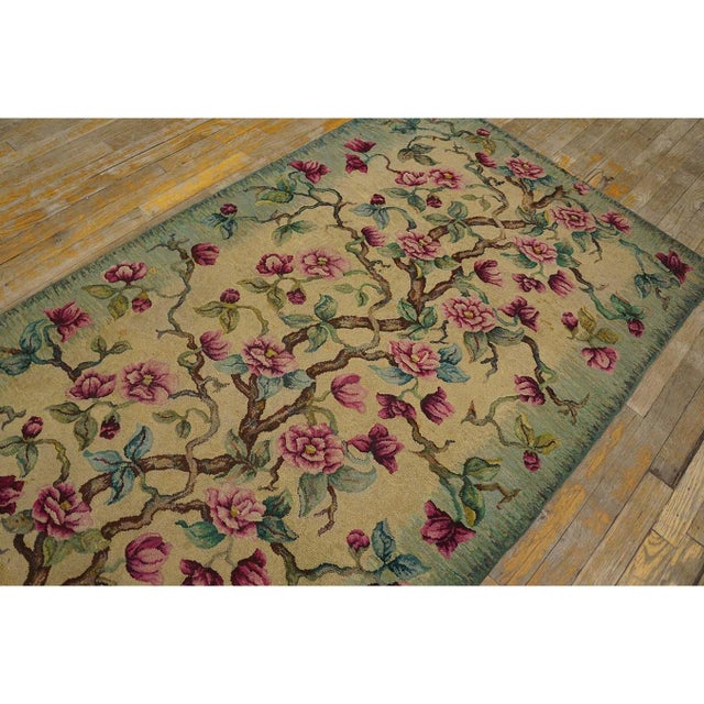 1930s 1930s Ivory Green Tree of Life Folk Art American Hooked Hallway Runner Rug For Sale - Image 5 of 9
