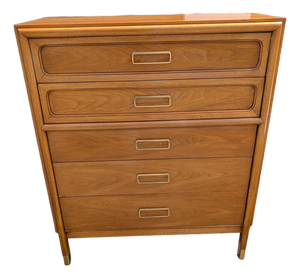 Drexel Cascade Vintage Mid Century Modern Walnut Finish 5 Drawer Chest Dresser