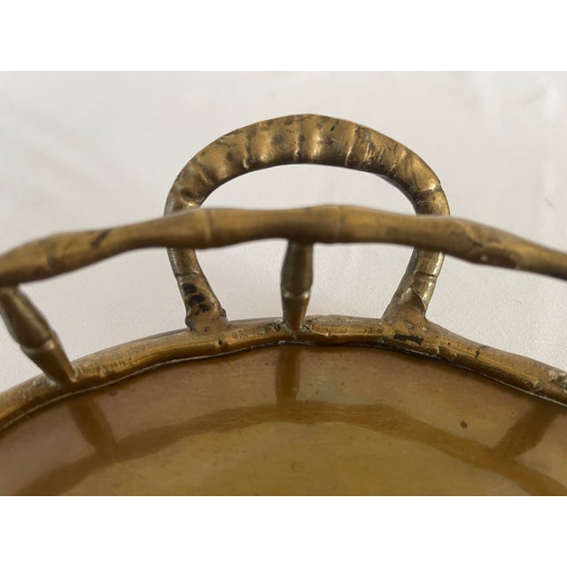 Metal 1970s Hollywood Regency Brass Faux Bamboo Rail Round Serving Tray For Sale - Image 7 of 10