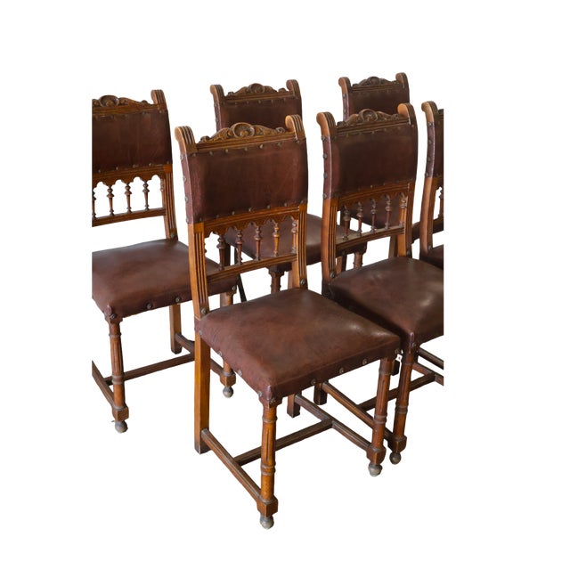 Late 19th Century Set of 6 Henry II Walnut and Leather Chairs For Sale - Image 4 of 5