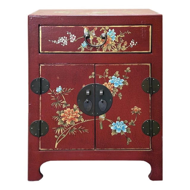Chinese Red Vinyl Moon Face Flower Birds End Table Nightstand For Sale