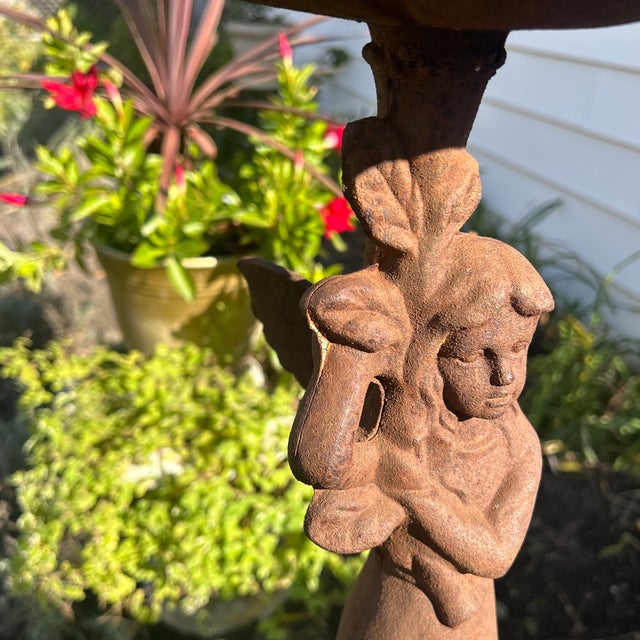 Vintage Patinated Cast Iron Pedestal Bird Bath Sculpture With Nymph Figure Stand and Bird on the Rim For Sale - Image 10 of 12