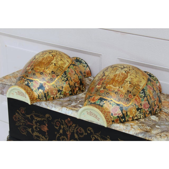 Pair of Vintage Japanese Royal Satsuma Wall Pocket Vases - Hand-Painted Porcelain Fan-Shaped With Geisha & Floral Motifs For Sale - Image 10 of 18