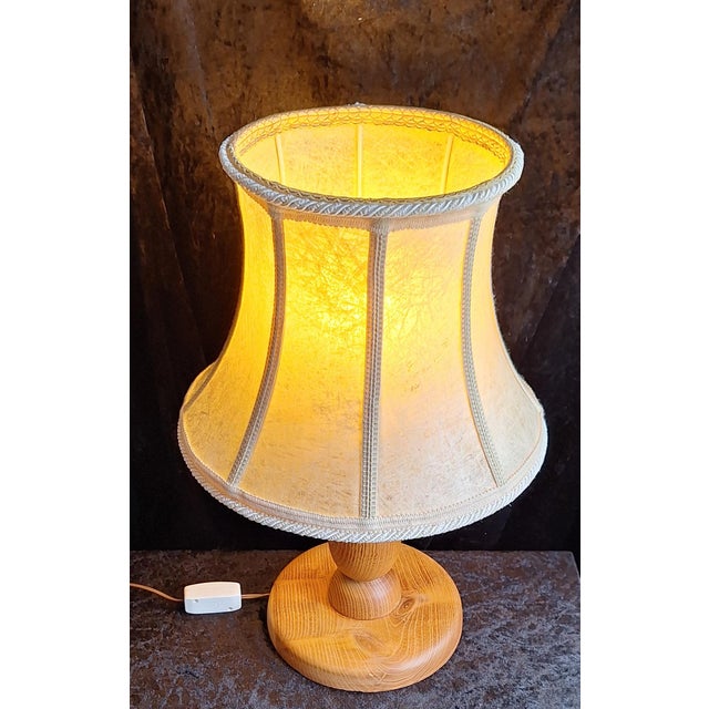 Vintage Table Lamp with Turned Teak Wood Base and Hand-Stitched Leather Shade, 1970s For Sale - Image 3 of 7