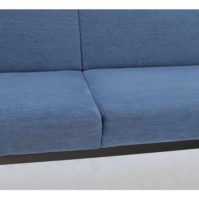 Metal Geiger Tuxido Lounge Sofa Couch Bench Seating Blue Upholstery Black Frame For Sale - Image 7 of 12