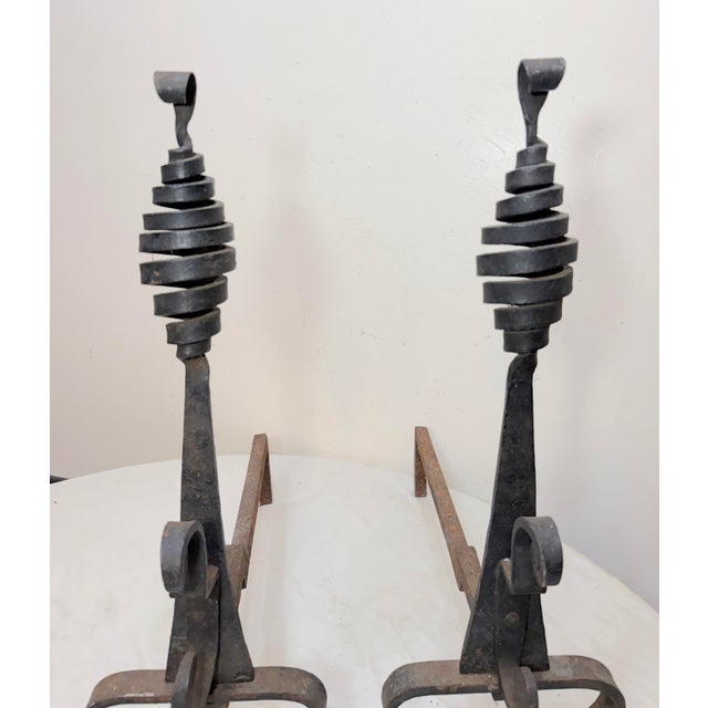 Rare Antique 19th Century Hand Wrought Iron Fireplace Firedogs Black Andirons For Sale - Image 4 of 13