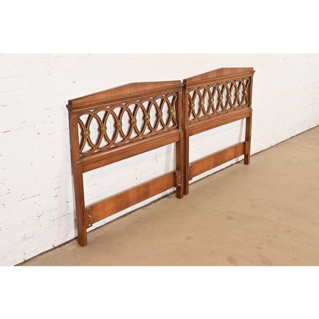 French Drexel Mid-Century French Regency Louis XVI Carved Walnut Twin Size Headboards, Pair For Sale - Image 3 of 9