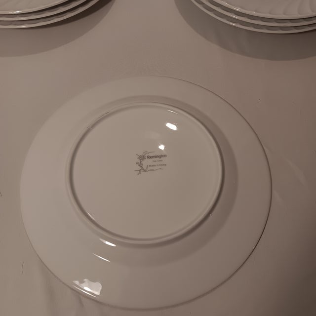 1990s Remington Fine China White Dinner Plates With Swirl Border- Set of 8 For Sale - Image 4 of 7