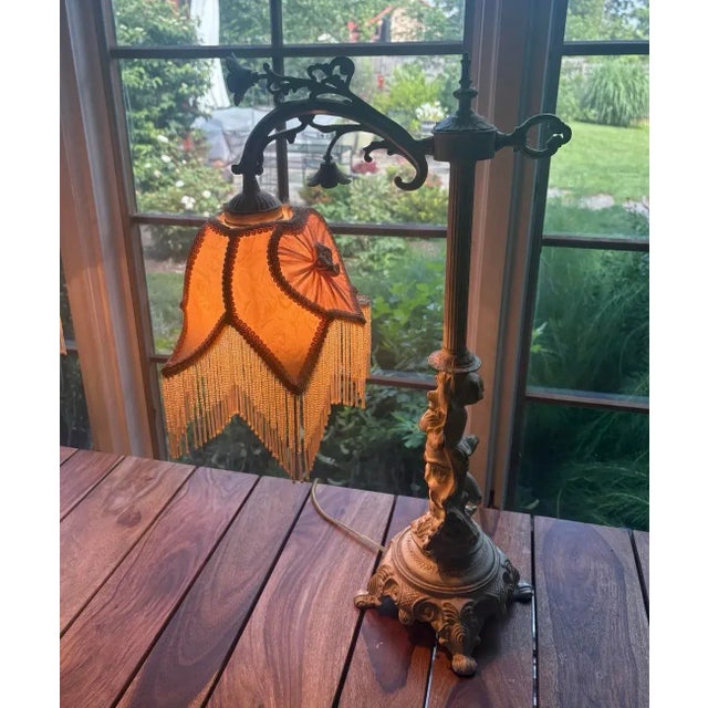 Vintage Cherub Boudoir Lamp Pair — Rococo Revival Putti Bases W/ Fringe Shades For Sale - Image 9 of 10