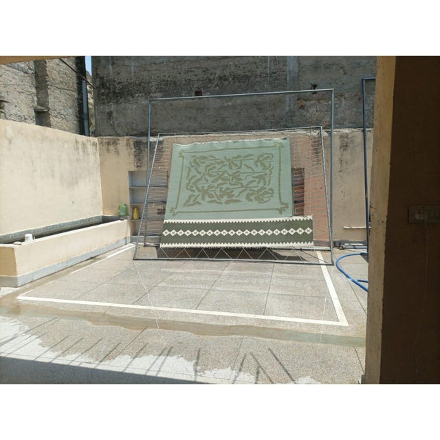 Olive Handmade New Zealand Wool Dhurrie Runner, Olive Green and Cream Diamond Runner Rug- 4'x10' For Sale - Image 8 of 13